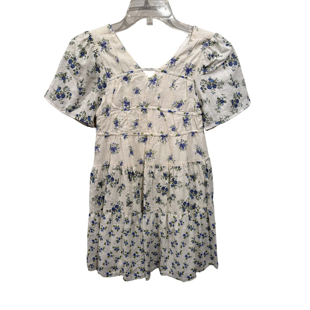 Zara Dress Cream Blue Floral Tiered Mini Cottagecore Puff Sleeve Girls 11-12Y